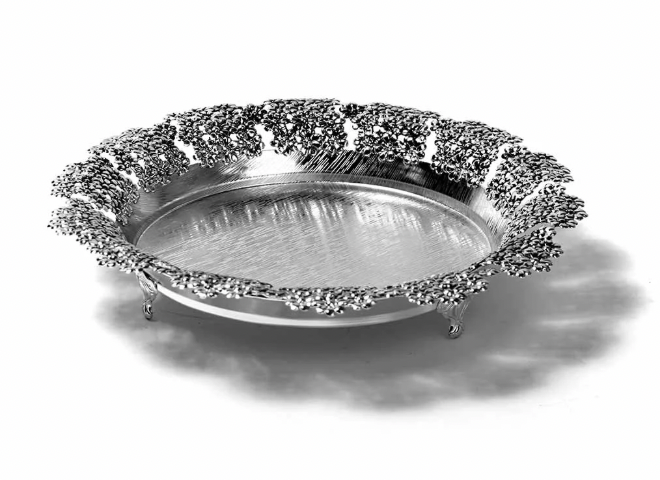 Flower Border Round Silver Tray